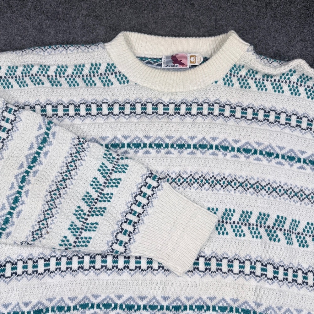 American Spirit Vintage 90s Teal White Geometric Cotton Knit Sweater Mens Large